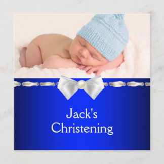 White Navy Blue Baby Boy Photo Christening Invitation