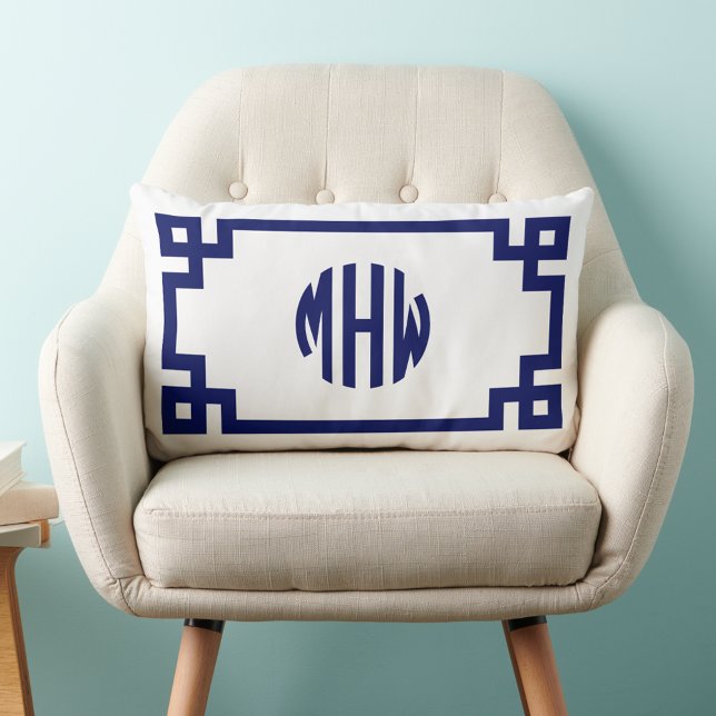 White Navy Blue Circle Monogram Greek Key DIY BG Lumbar Cushion (Creator Uploaded)