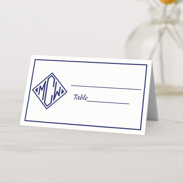 White Navy Blue Diamond Monogram Font DIY BG #2 Place Card (Creator Uploaded)