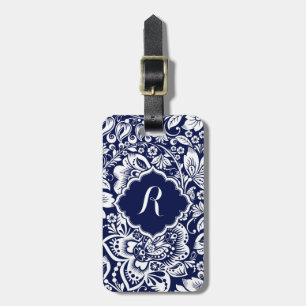 White & Navy Blue Floral Damasks Luggage Tag