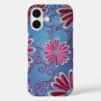 White Navy Blue Floral Pink Glitter Daisy Pattern