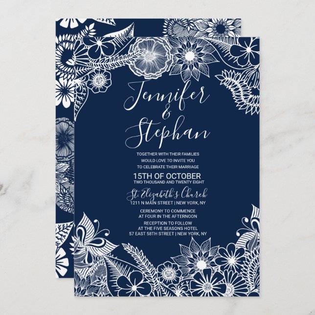White Navy Blue Illustrative Florals Wedding Invitation (Front/Back)
