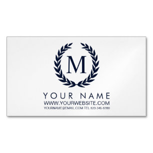White & Navy Blue Laurel Wreath Monogram Magnetic Business Card