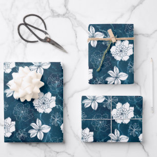White & Navy Blue Marble Graphic Floral Pattern  Wrapping Paper Sheet