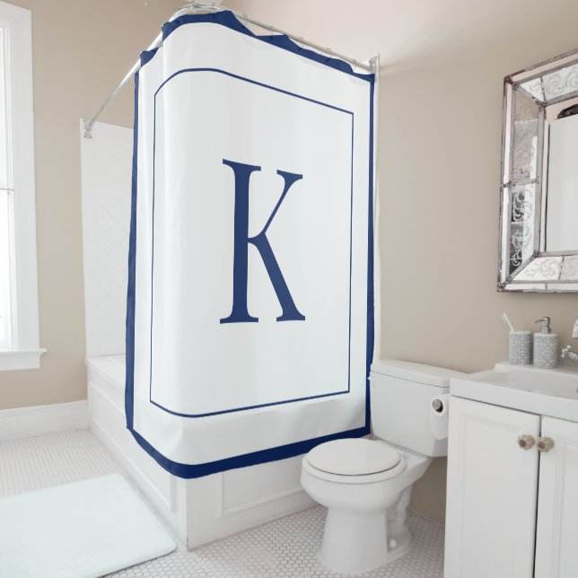  White &navy blue Monogram initial  Shower Curtain (In Situ)