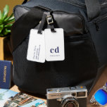 White navy blue name initials minimalist modern luggage tag<br><div class="desc">A classic chic white background. Personalise and add your monogram initials and name written with block letters. Navy blue letters.  Modern,  trendy and simple. 
Back: add your contact information.</div>