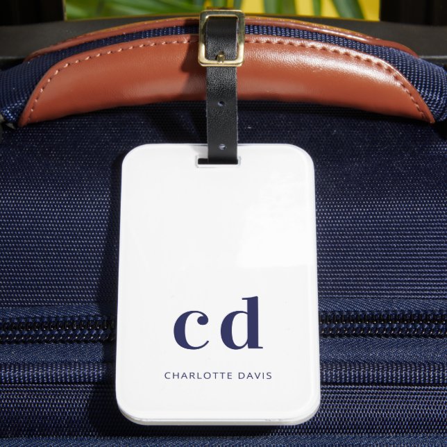 White navy blue name initials modern luggage tag (Front Insitu 2)