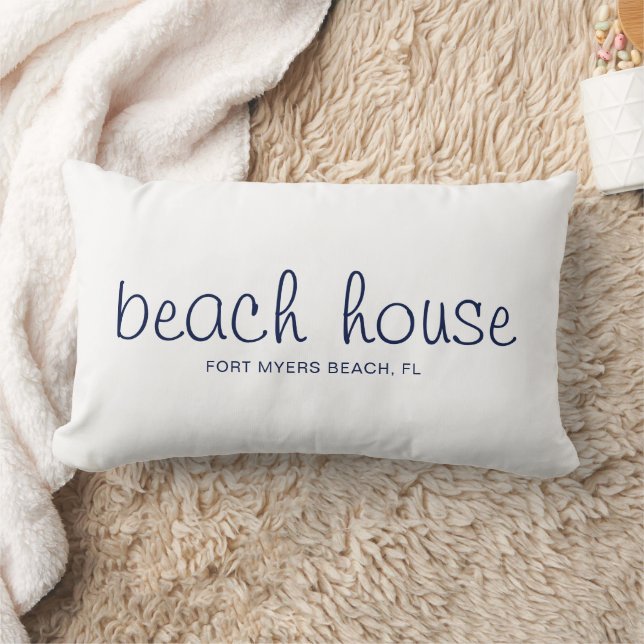 White Navy Blue Nautical Beach House Custom Script Lumbar Cushion (Blanket)