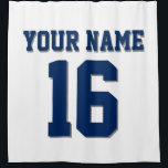 White Navy Blue Sports Jersey Team Jersey Shower Curtain<br><div class="desc">Preppy Solid Colour Team Jersey / Sports Jersey / Football Jersey / Rugby Jersey with Custom Name Customise this with your own name or team name and a number. You can change the size, colour and placement of the text if you need to make changes, change the colour of or...</div>