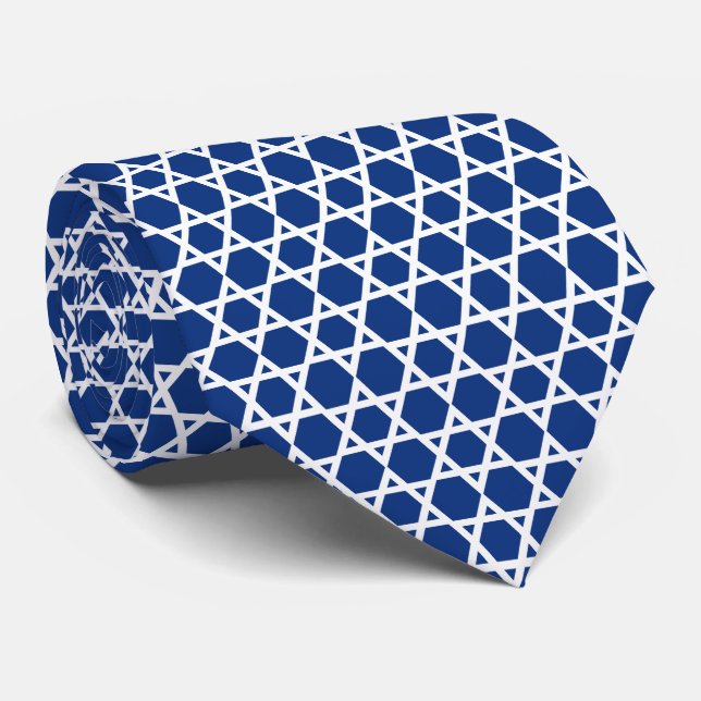 White Navy Blue Star Of David Grid Tie (Rolled)