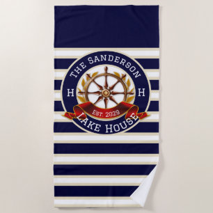 White Navy Blue Stripe Beach house or Lake house Towel