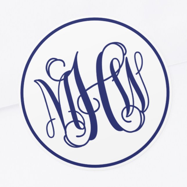 White Navy Blue Vine Script Monogram, DIY BG Classic Round Sticker (Creator Uploaded)