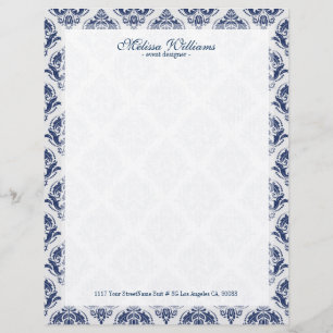 White & Navy Blue Vintage Damasks Pattern Personalized Letterhead
