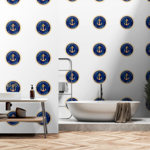  White  Navy Blue w/ Yellow Boat Anchor Monogram Wallpaper
