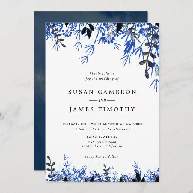White Navy Blue Watercolor Winter Wedding Invitation (Front/Back)