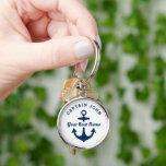 White Navy Custom Captain and Boat Name Anchor Key Ring<br><div class="desc">Round nautical keychain design features a simple,  stylish navy blue and white coastal style design with boat anchor accent. Personalise the custom text with the name of the boat and boat owner / captain,  location,  or other preferred wording.</div>