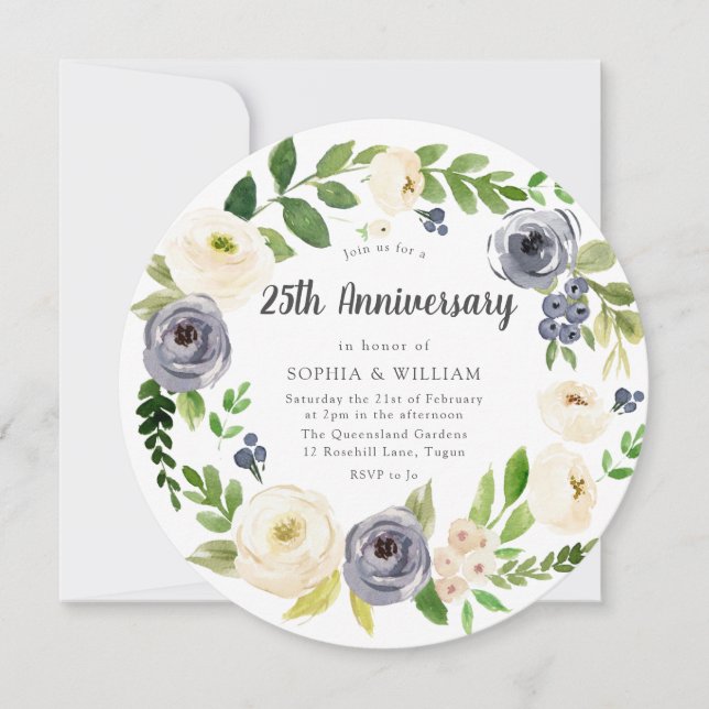 White Navy Floral Wreath 25th Wedding Anniversary Invitation (Front)