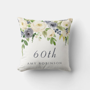White & Navy Flowers Beautiful 60th Birthday Gift Cushion