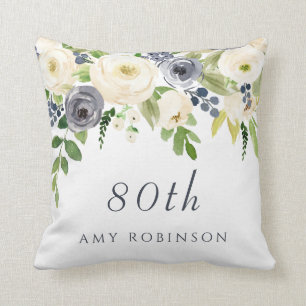 White & Navy Flowers Beautiful 80th Birthday Gift Cushion