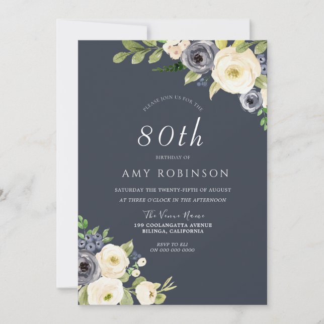 White & Navy Flowers Beautiful 80th Birthday Party Invitation (Front)