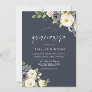 White & Navy Flowers Beautiful Quinceanera Party Invitation