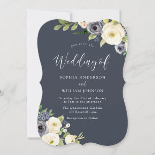 White & Navy Flowers Beautiful Wedding Invitation