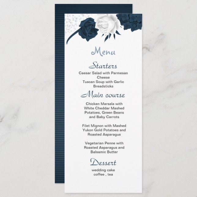 white & navy flowers beautiful wedding  menu (Front/Back)