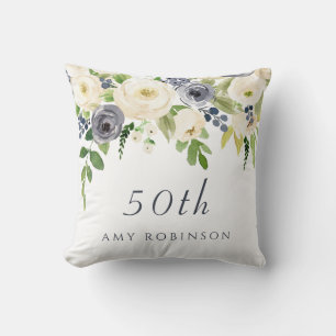 White & Navy Flowers womans 50th Birthday Gift Cushion