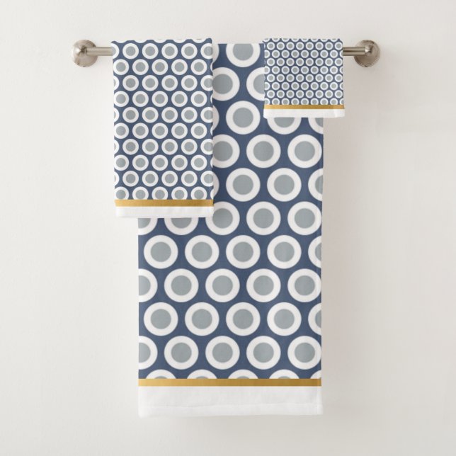 WHITE NAVY GEOMETRIC CIRCLES  BATHROOM TOWEL SET (Insitu)