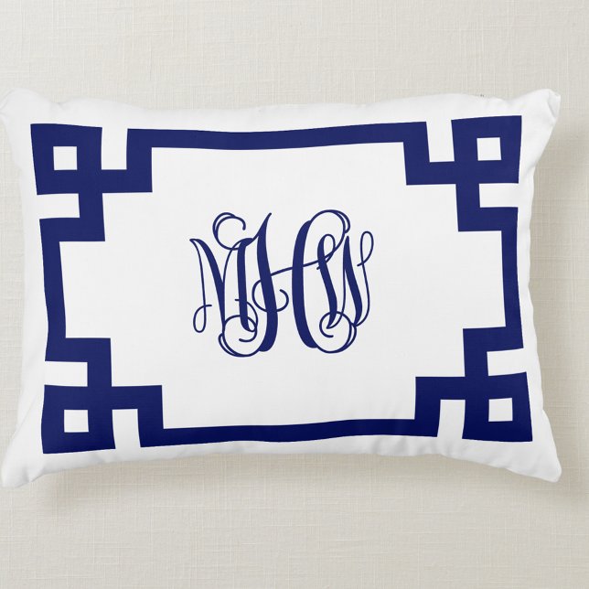 White Navy Greek Key Vine Script Monogram DIY BG Decorative Cushion (Creator Uploaded)