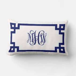 White Navy Greek Key Vine Script Monogram DIY BG Lumbar Cushion