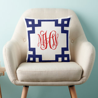 White Navy Red Greek Key Vine Monogram DIY BG Cushion