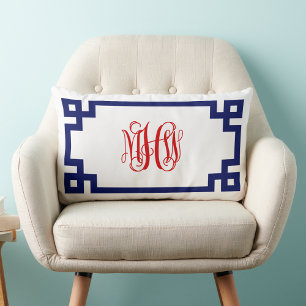 White Navy Red Greek Key Vine Monogram DIY BG Lumbar Cushion