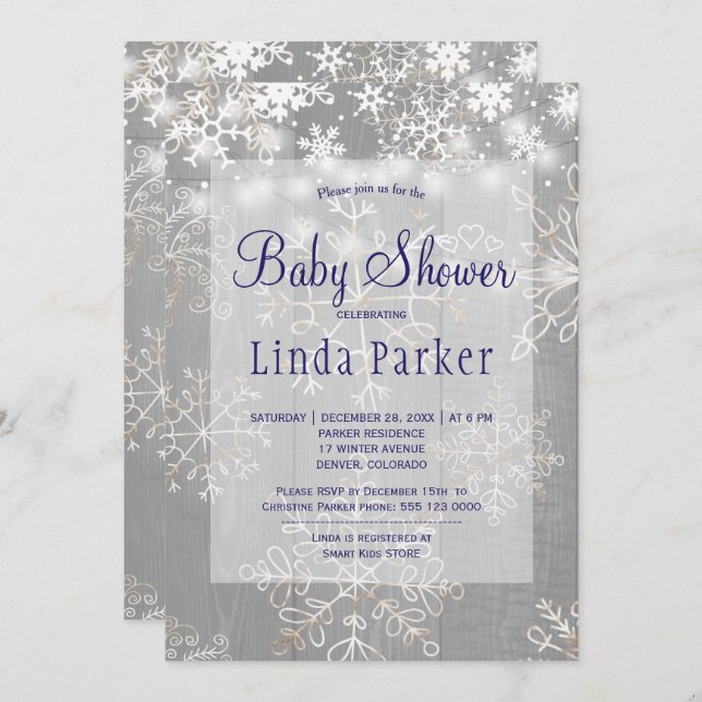 White navy snowflakes rustic winter baby shower invitation (Front/Back)