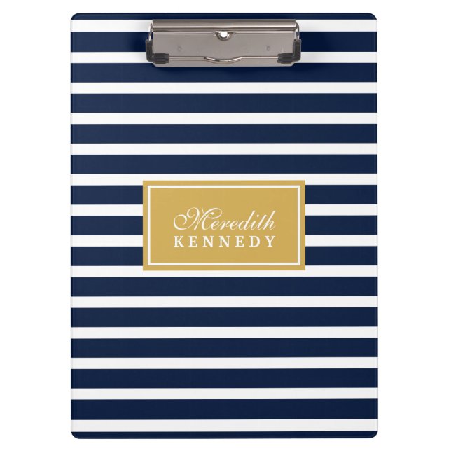 White Navy Stripe Pattern Gold Name Template Clipboard (Front)