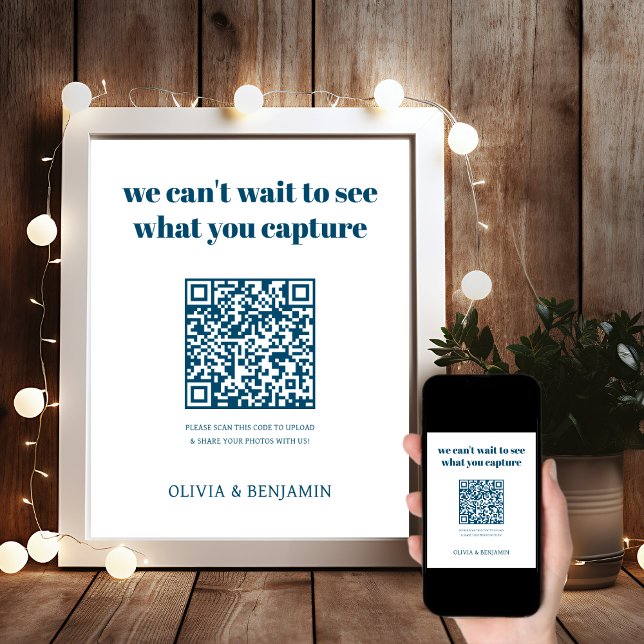 White & Navy | Wedding Photo Share QR Code Sign (Creator Uploaded)