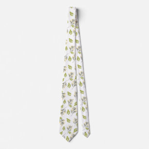 White neck tie with green and yellow leaf pattern