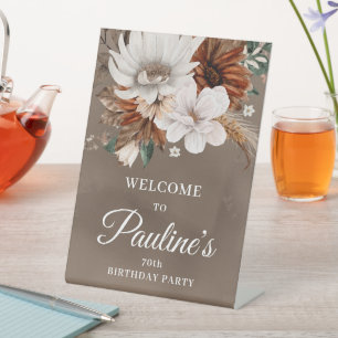 White Neutral Fall Flowers 70th Birthday Pedestal Sign