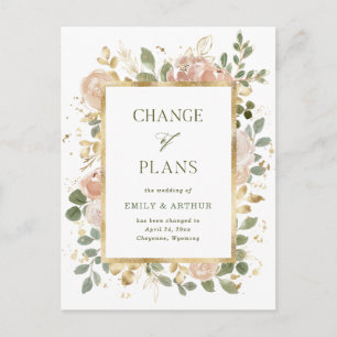 White Neutral Floral   Wedding Change of Plans Postcard