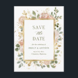 White Neutral Floral | Wedding Save the Date Postcard<br><div class="desc">This gorgeous,  floral wedding save the date postcard features an elegant,  gold rectangular frame surrounded by lovely rustic watercolor flowers in neutral and blush shades,  and gold and green leaves. The background of the postcard is white. The back features a matching floral design,  and room for an additional message.</div>