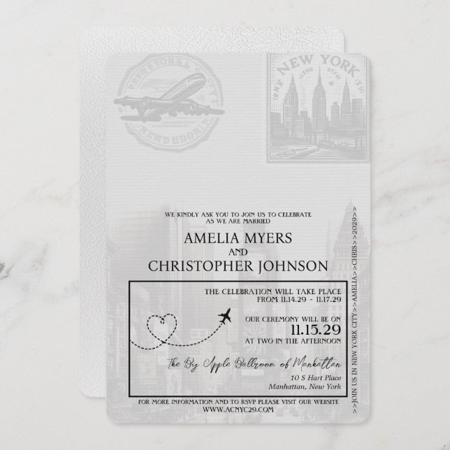 White New York City Passport Wedding Invitation (Front/Back)
