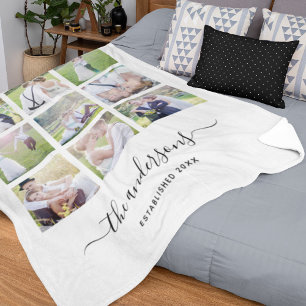 White Nine Photo Collage Family Name Calligraphy Fleece Blanket