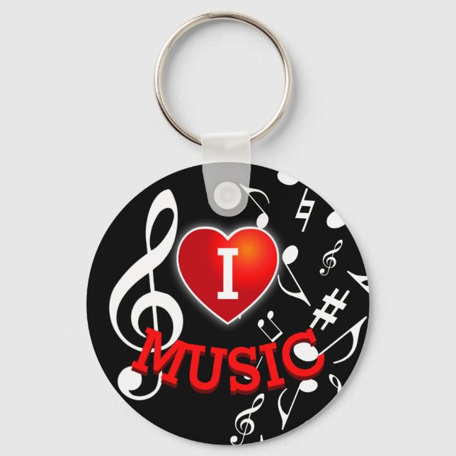(WHITE NOTES) I Love (Heart) Music Key Ring (Front)