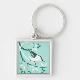 White Nuthatch With Swirls Key Ring