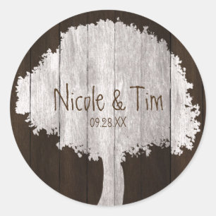 White Oak Tree & Wood Rustic Wedding Favour Sticke Classic Round Sticker