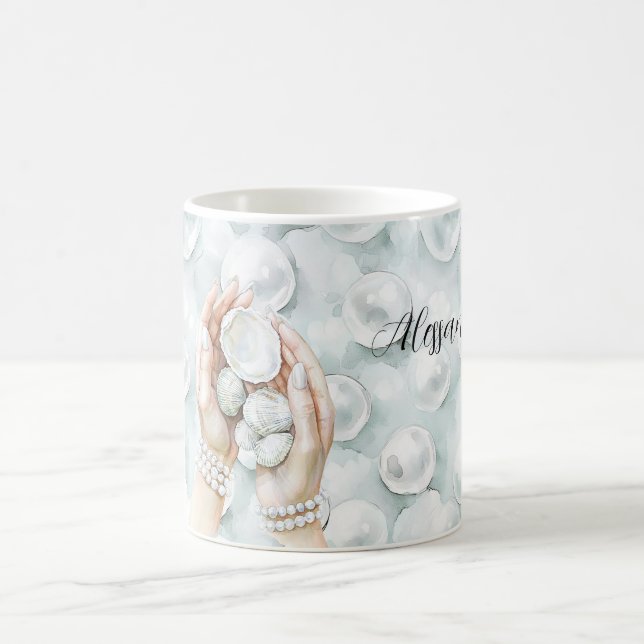 White Ocean Seafoam Blue Shells Pearls Coffee Mug (Center)