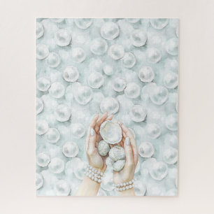 White Ocean Seafoam Blue Shells Pearls Jigsaw Puzzle