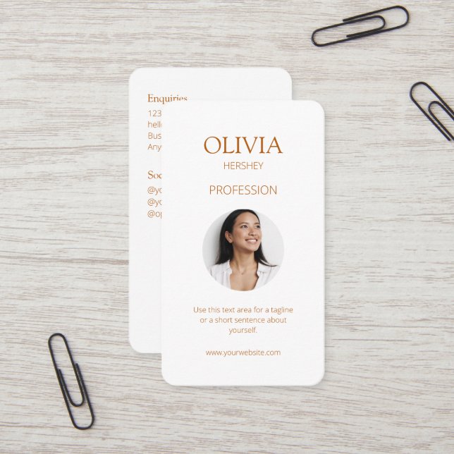 White / Ochre Photo Social QR Code  Business Card (Front/Back In Situ)