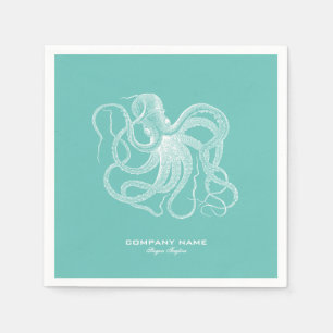 White octopus nautical illustration on blue-green napkin