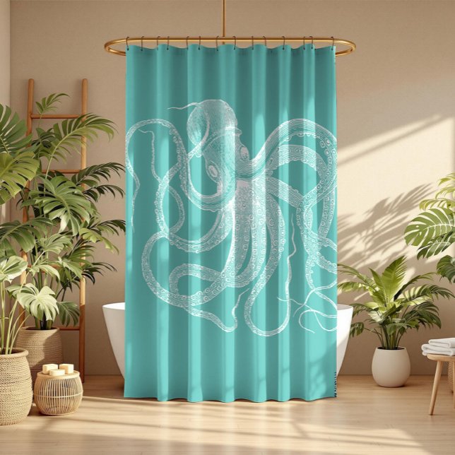 White octopus nautical illustration on blue-green shower curtain (Creator Uploaded)